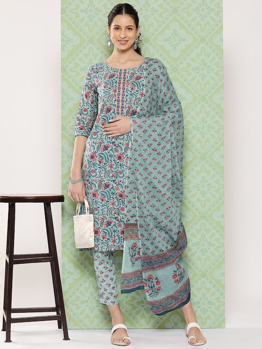 Yufta Women Floral Printed Regular Sequinned Kurta with Trousers & Dupatta