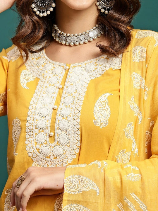Sangria Paisley Printed Embroidered Pure Cotton Straight Kurta With Trouser & Dupatta Set