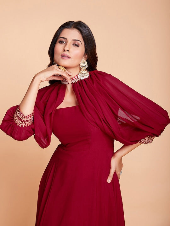 Fusionic Georgette Maxi Length Flared Gown With Add On Sleeves Ethnic Dresses
