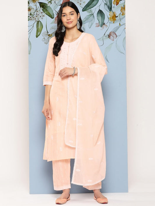 Yufta Ethnic Motifs Embroidered Sequinned Pure Cotton Kurta With Trousers & Dupatta