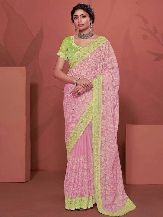 Satrani Floral Chikankari Pure Chiffon Heavy Work Saree