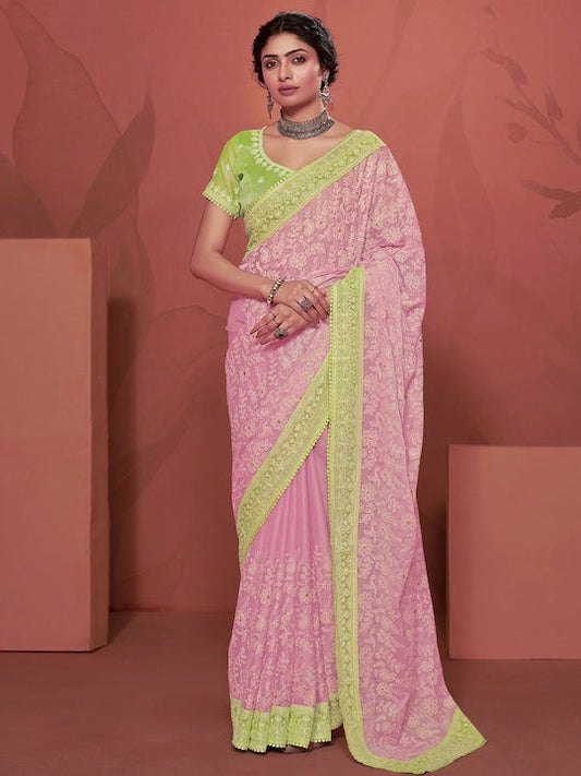 Satrani Floral Chikankari Pure Chiffon Heavy Work Saree
