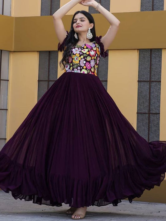 Fusionic Floral Embroidered Square Neck Georgette Ruffles Ethnic Gown