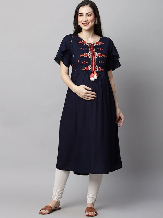 MomToBe Yoke Design Tie Up Neck Thread Work Maternity A-Line Kurta