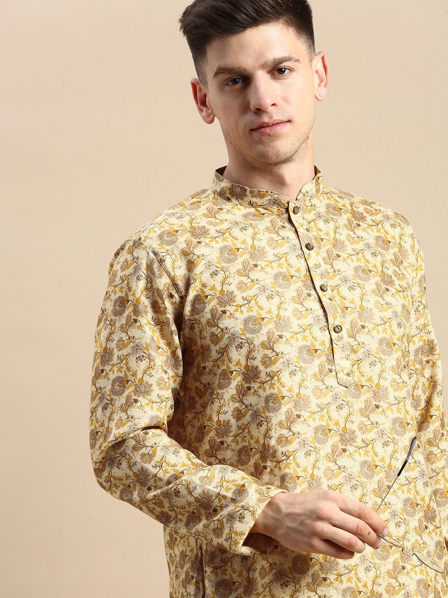 Amodh by Kisah Mens Beige Kurta Churidar (Set of 2)