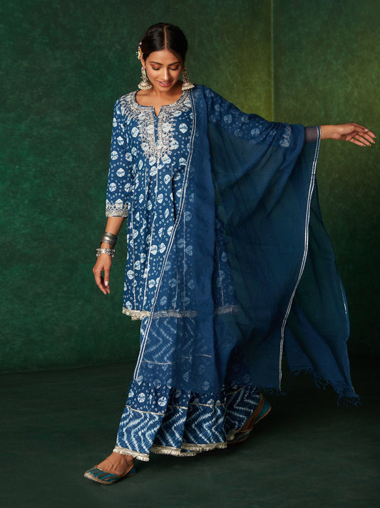 Likha Indigo Bandhani Printed Short Kurta With Sharara & Dupatta(Set of 3) LIKSKD137 (Set of 3)