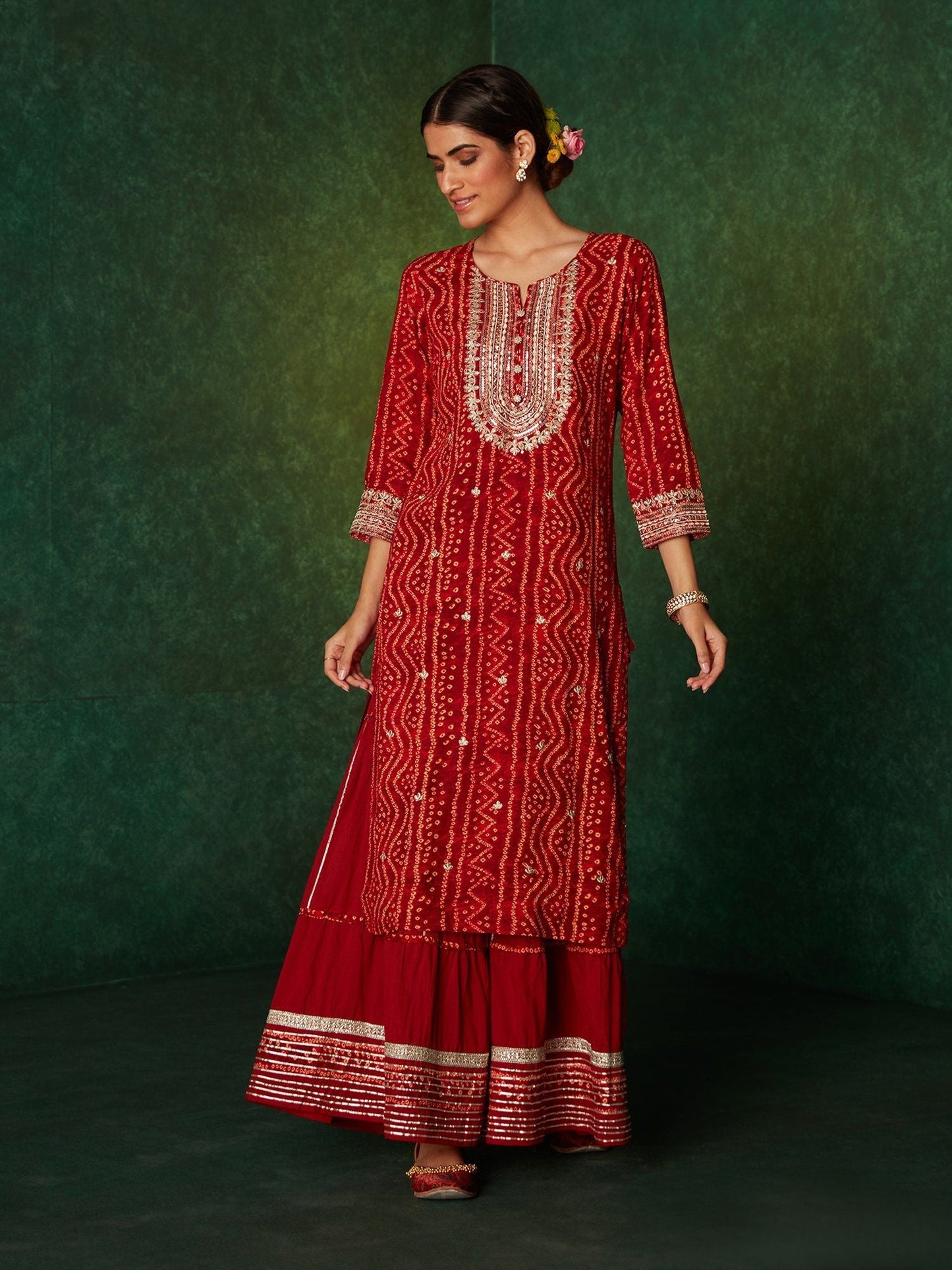 Likha Bandhej Maroon Zari Mirror Work Sharara Set with Dupatta LIKSKD152 (Set of 3)
