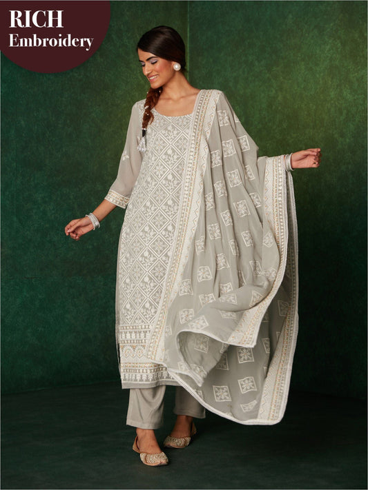 Likha Karigiri Grey Heavy Embroidered Kurta, Pant & Dupatta LIKSKD165 (Set of 3) - S