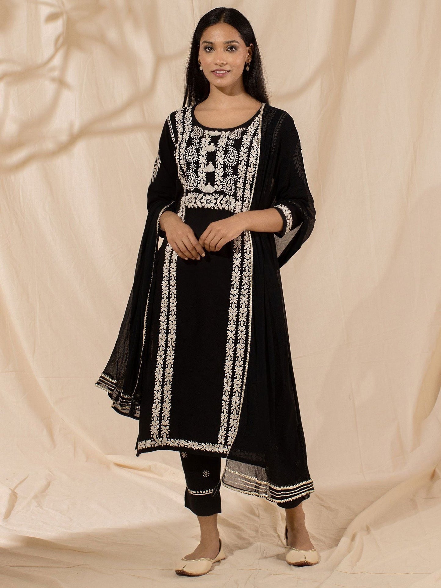 Likha Black Chikankari Kurta Pant & Dupatta LIKSKD33 (Set of 3)