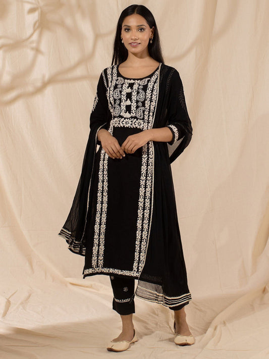 Likha Black Chikankari Kurta Pant & Dupatta LIKSKD33 (Set of 3)