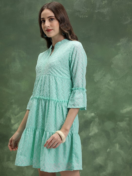 Vishudh Floral Embroidered Mandarin Collar Bell Sleeves Tiered Detail A-Line Mini Dress