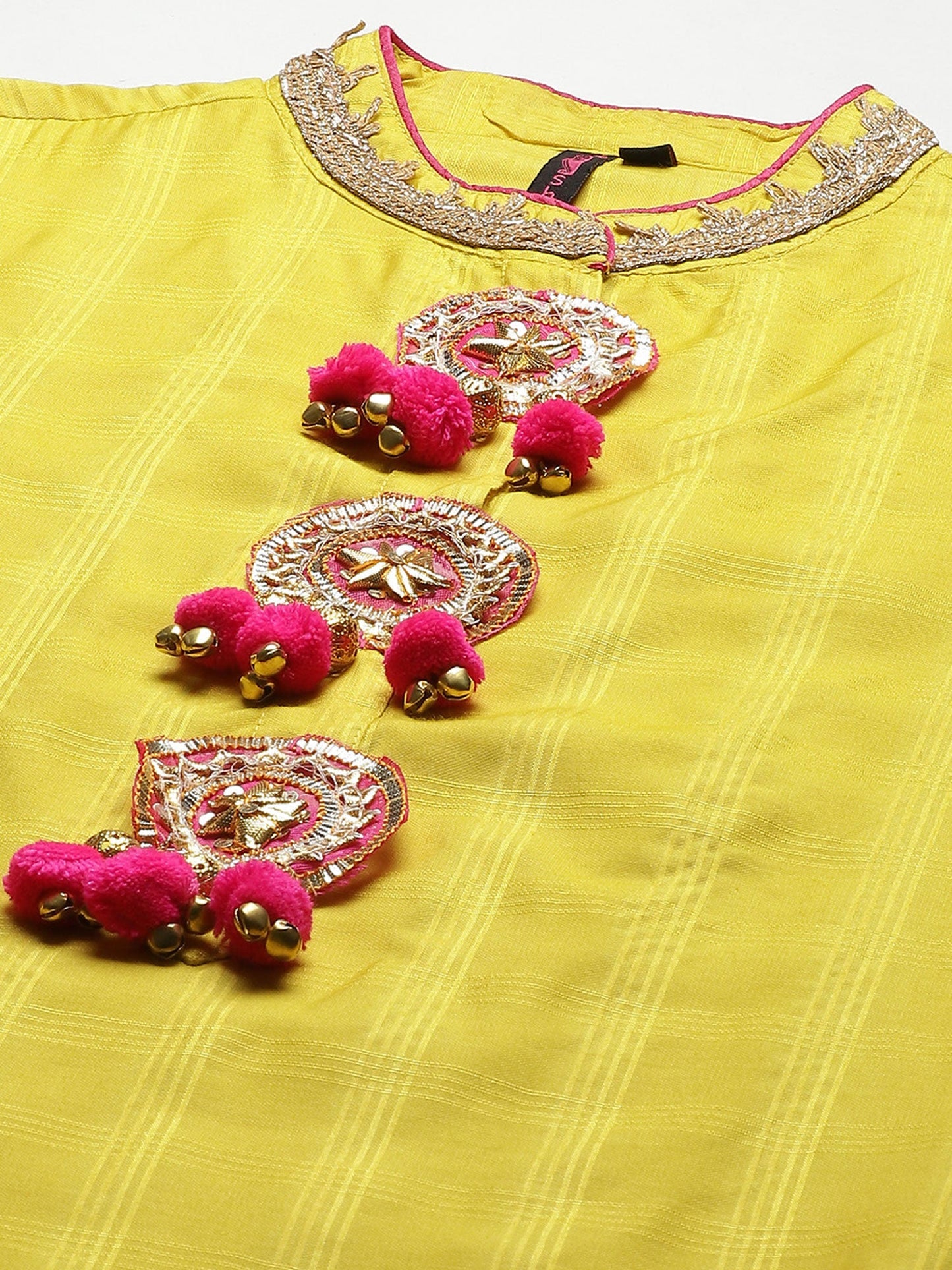 ISHIN womens Yellow & Pink Gotta Patti Embroidered A-line Kurta Skirt Dupatta (Set of 3)