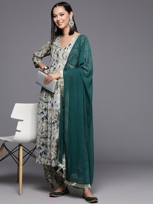 Varanga Women Printed Pleated Silk Georgette Kurta with Trousers & Dupatta