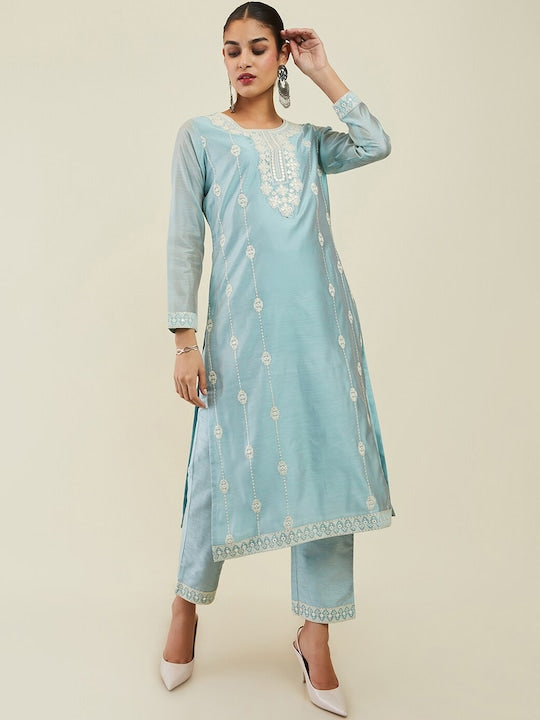 Soch Women Ethnic Motifs Embroidered Mirror Work Chanderi Silk Kurta with Trousers