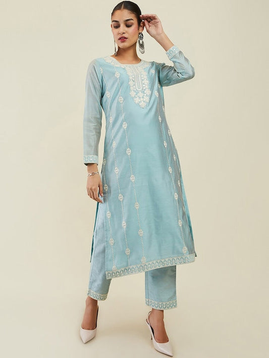 Soch Women Ethnic Motifs Embroidered Mirror Work Chanderi Silk Kurta with Trousers