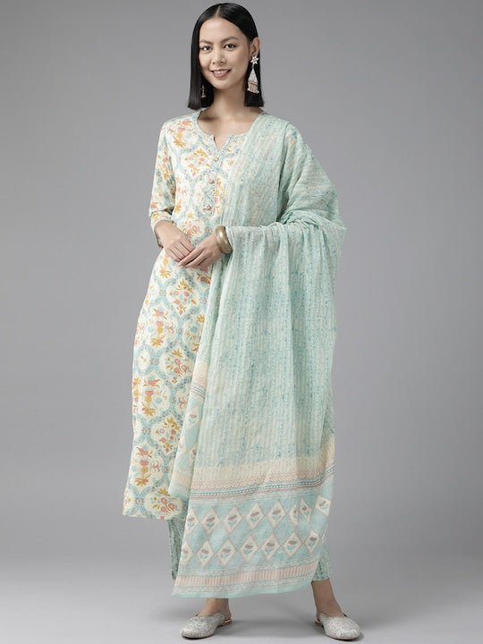 Yufta Women Off White Floral Pure Cotton Kurta with Trousers & With Dupatta