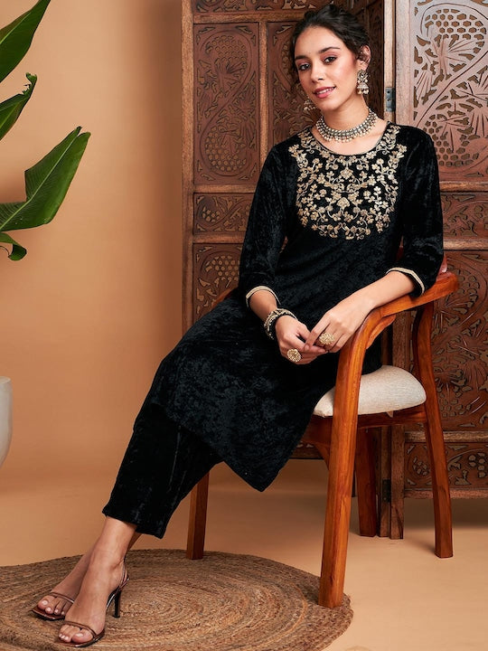 Shae by Sassafras Black Floral Yoke Design Thread Work Detail Velvet Straight Kurta