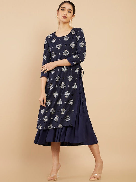 Soch Women Navy Blue Ethnic Motifs Printed Kurta - XL