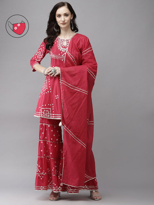 ISHIN womens Cotton Blend Red Embroidered Anarkali Peplum Kurta Sharara Dupatta (Set of 3)