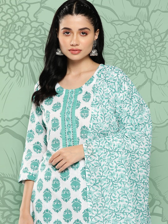 Yufta Women Floral Regular Pure Cotton Kurta with Trousers & Dupatta