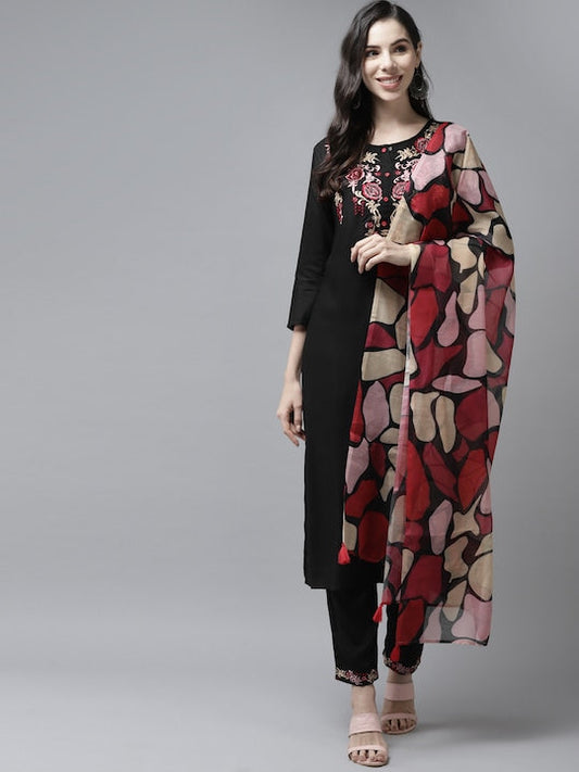 Yufta Women Black Ethnic Motifs Embroidered Thread Work Kurta with Trousers & With Dupatta