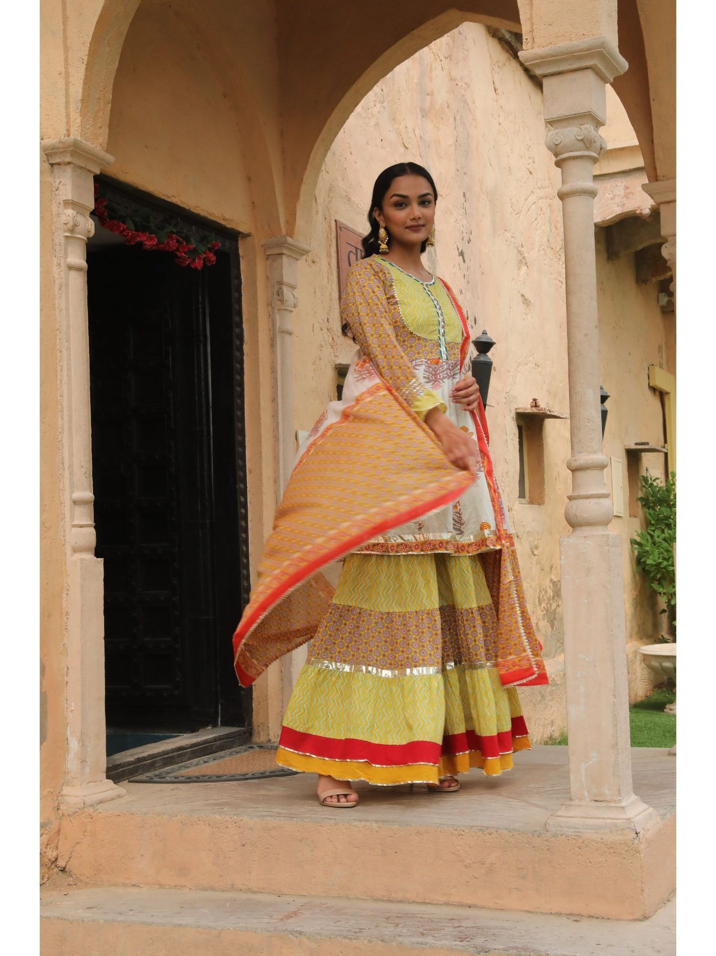 ISHIN Women's Off White & Yellow Embellished Peplum Kurta Sharara Dupatta (Set of 3)