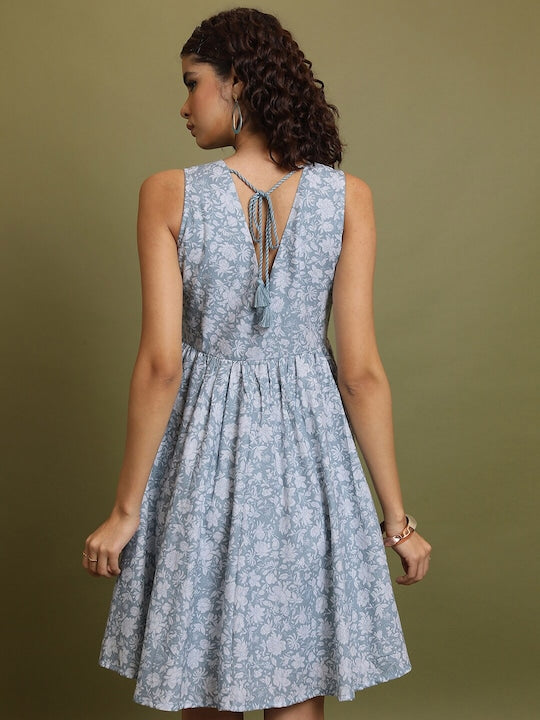 Vishudh Blue Floral Printed Empire Dress
