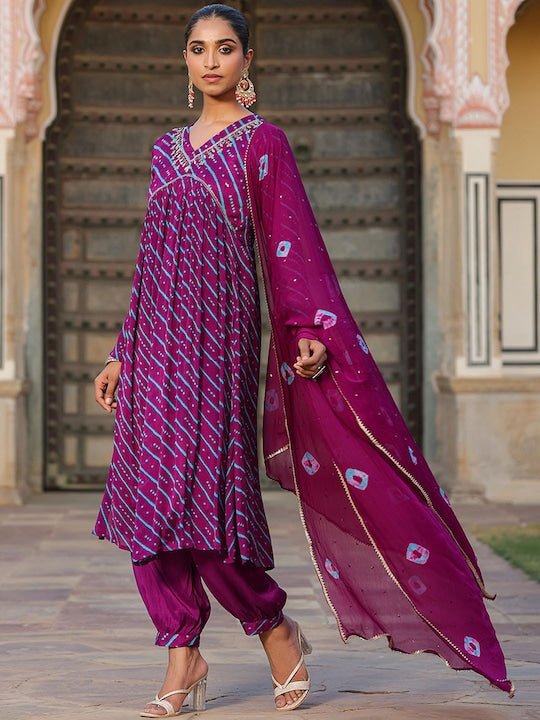 Scakhi Bandhani Printed Beads & Stones Pleated A-Line Kurta With Patiala & Dupatta