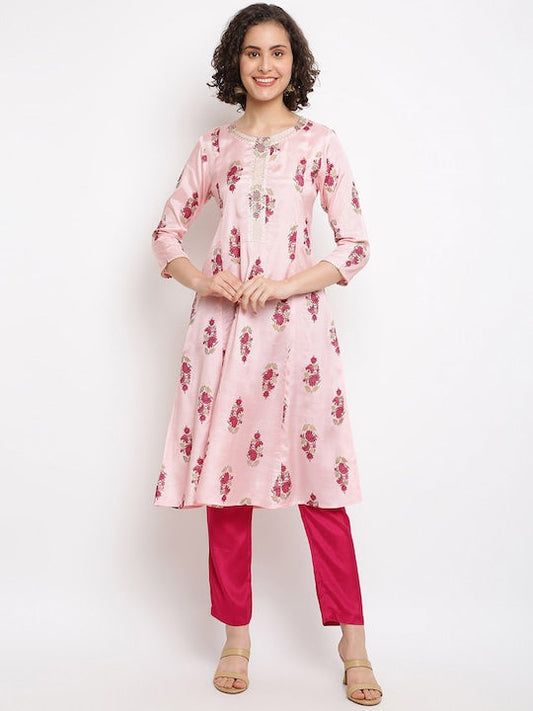 IMARA Floral Printed Sequined A-Line Kurta with Trousers