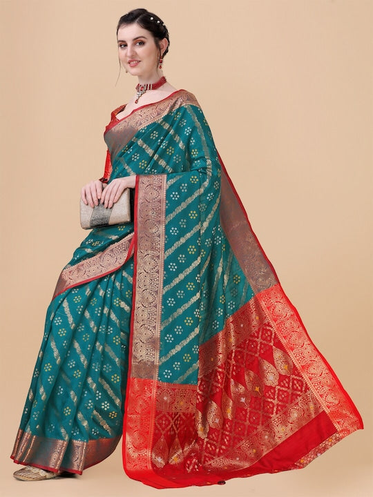 Sangria Teal & Red Floral Zari Silk Blend Banarasi Saree