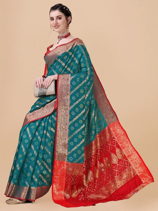 Sangria Teal & Red Floral Zari Silk Blend Banarasi Saree