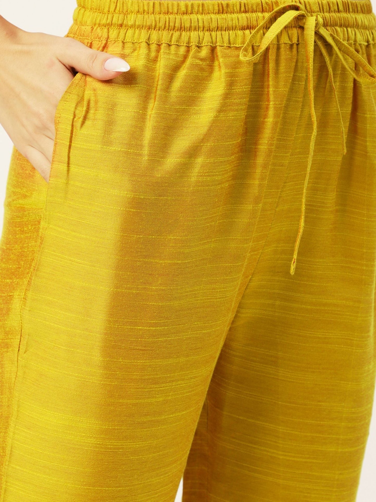 ISHIN Womens Yellow Embroidered Straight Kurta with Trouser & Dupatta (Set of 3)