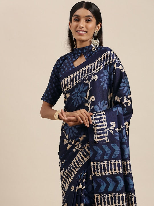 Saree mall Navy Blue & Beige Floral Print Silk Blend Block Print Saree