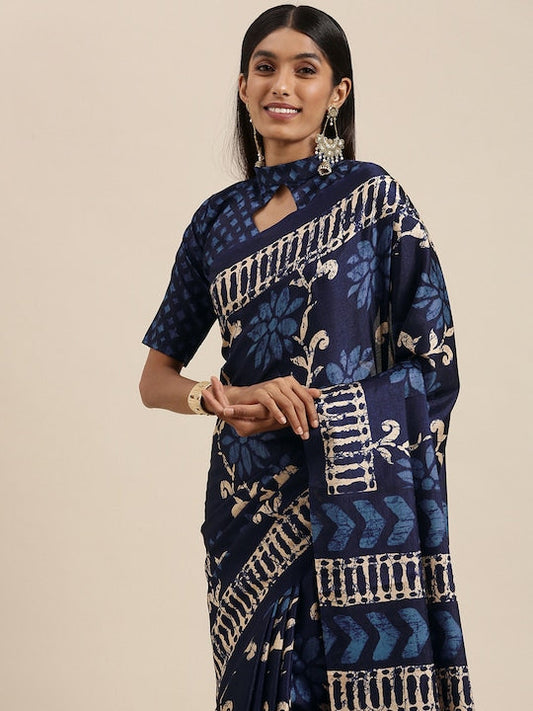 Saree mall Navy Blue & Beige Floral Print Silk Blend Block Print Saree