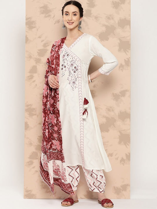Yufta Women White Embroidered Angrakha Thread Work Kurta with Salwar & With Dupatta