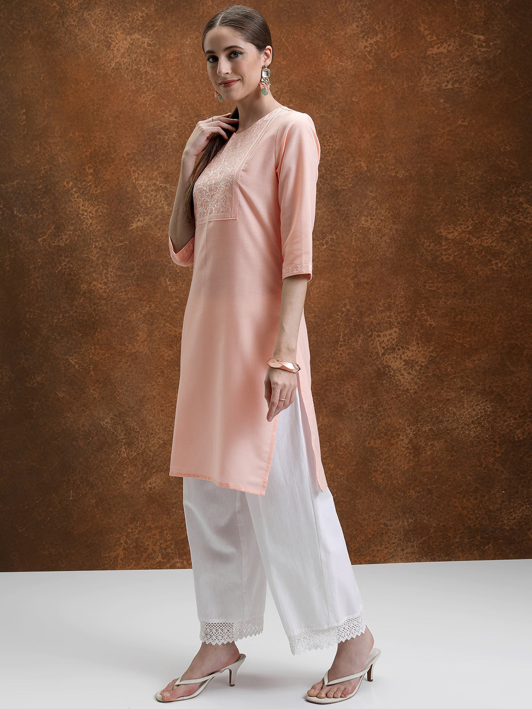 Vishudh Peach-Coloured Floral Yoke Design Embroidered Straight Kurta