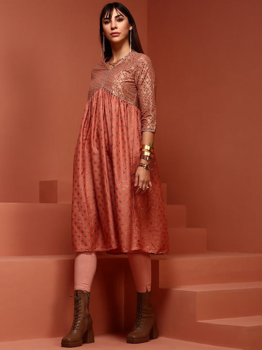 IMARA Ethnic Motifs Printed Mirror Work Empire A-Line Kurta