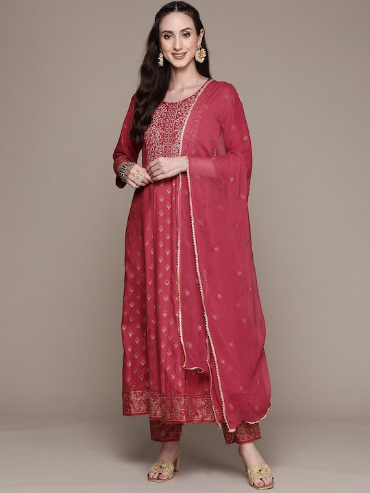 Anubhutee Ethnic Motifs Printed Thread Work Work Kurta with Trousers & Dupatta