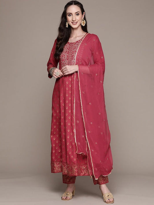 Anubhutee Ethnic Motifs Printed Thread Work Work Kurta with Trousers & Dupatta