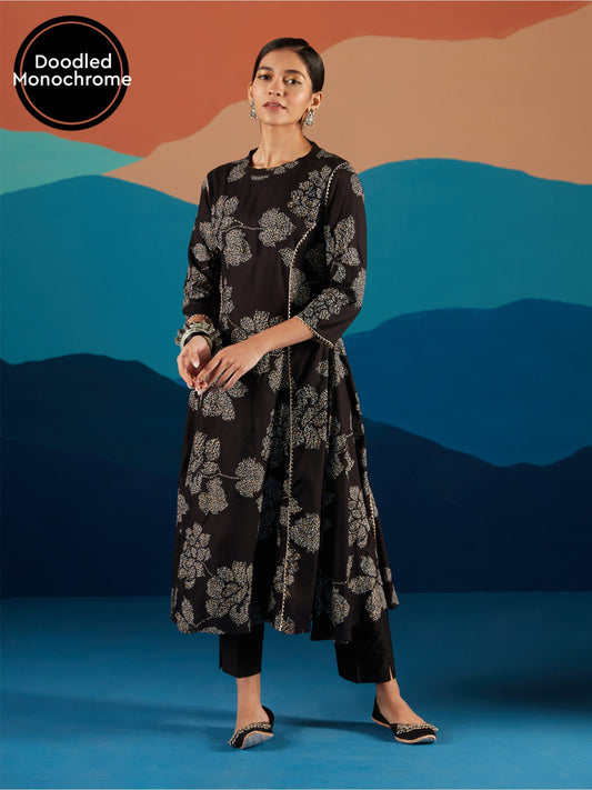 Likha Black Monochrome Floral Printed Aine Kurta LIKKUR159