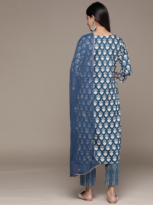 Anubhutee Women Blue Floral Printed Gotta Patti Pure Cotton Kurta with Trousers & With Dupatta