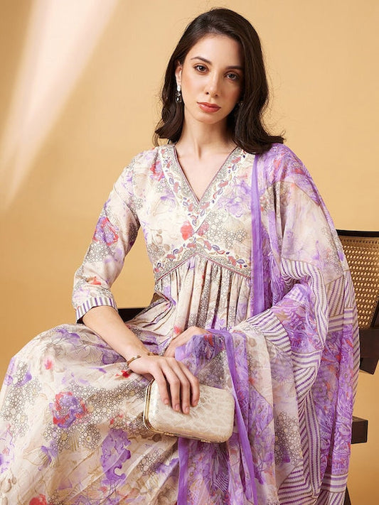 All about you Floral Embroidered V-Neck Straight Kurta With Trousers & Dupatta
