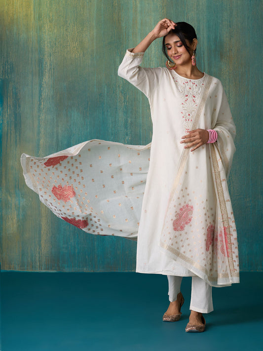Likha Off white Tonal embrodiery Kurta Pant and Brocade Dupatta LIKSKD253 (Set of 3)