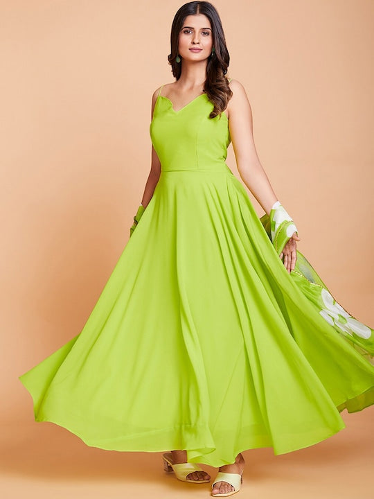 Fusionic Georgette Maxi Length Flared Gown Ethnic Dresses With Floral Printed Dupatta