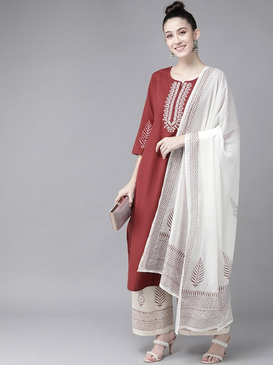 Yufta Women Maroon & White Embroidered Pure Cotton Kurta with Palazzos & Dupatta