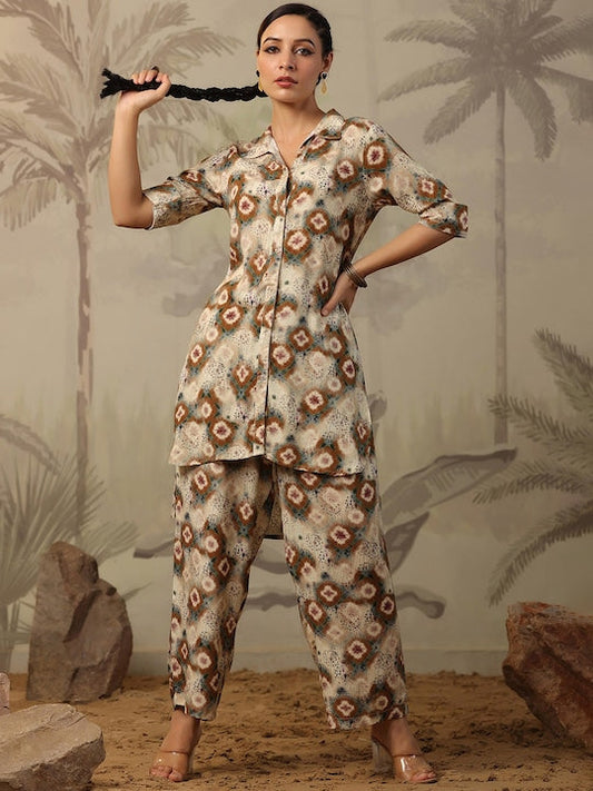 SCAKHI Floral Printed Shirt Collar High Low Kurta & Palazzos