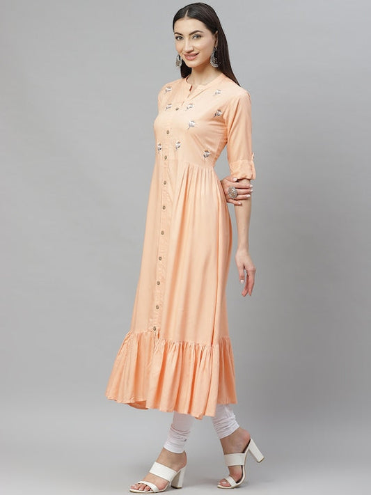 Myshka Women Peach-Coloured Yoke Design A-Line Kurta - L