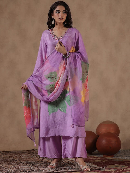 Scakhi Floral Printed Thread Work Straight Kurta With Sharara & Dupatta