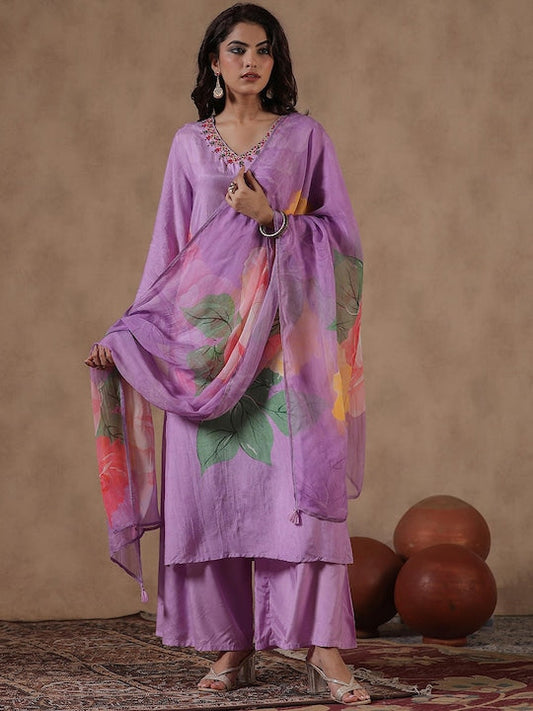 Scakhi Floral Printed Thread Work Straight Kurta With Sharara & Dupatta