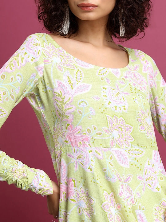 Vishudh Lime Green Floral Printed Kurta